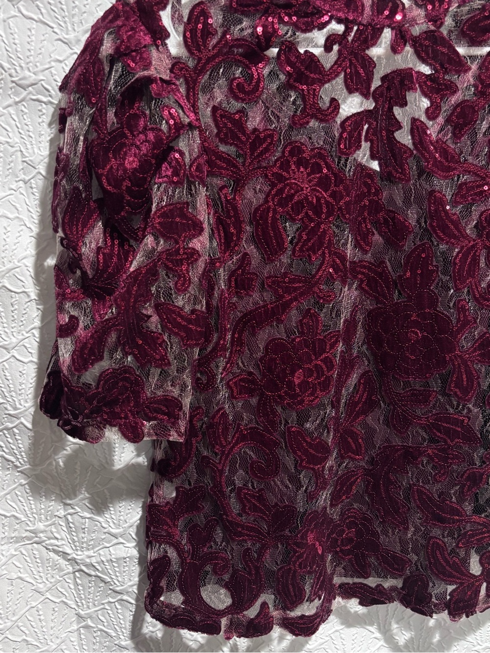 Anthropologie XS Burgundy Sequin Lace Overlay Blouse 2 Piece shirt/Tank Top - Picture 4 of 13